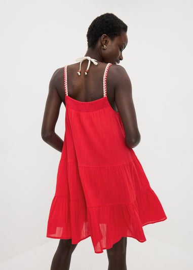 Red Crochet Trim Tiered Beach Dress