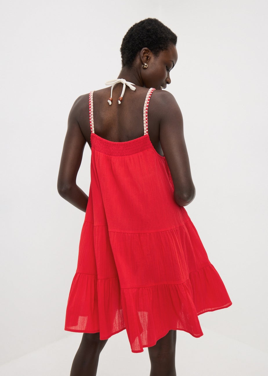 Red Crochet Trim Tiered Beach Dress