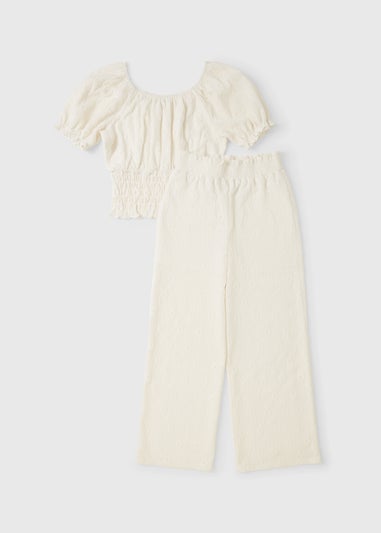 Girls Cream Broderie Top & Trouser Set (7-15yrs)