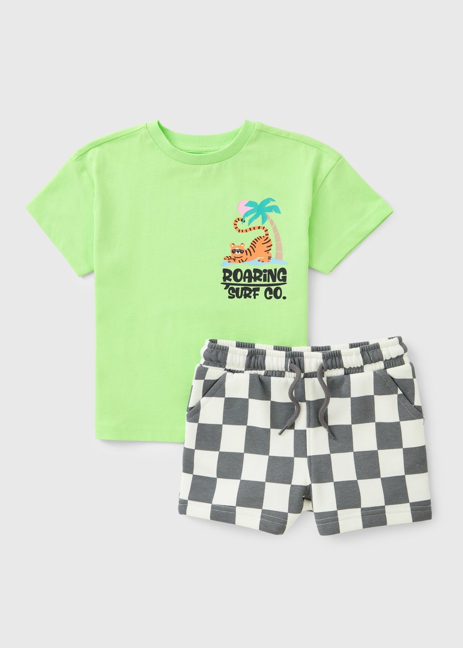 Boys Green Roaring Checkboard Top & Shorts Set (1-7yrs)