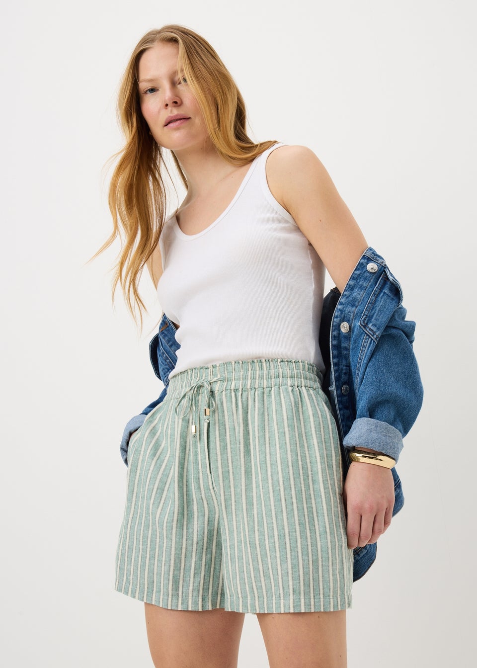 Green Stripe Linen Blend Shorts