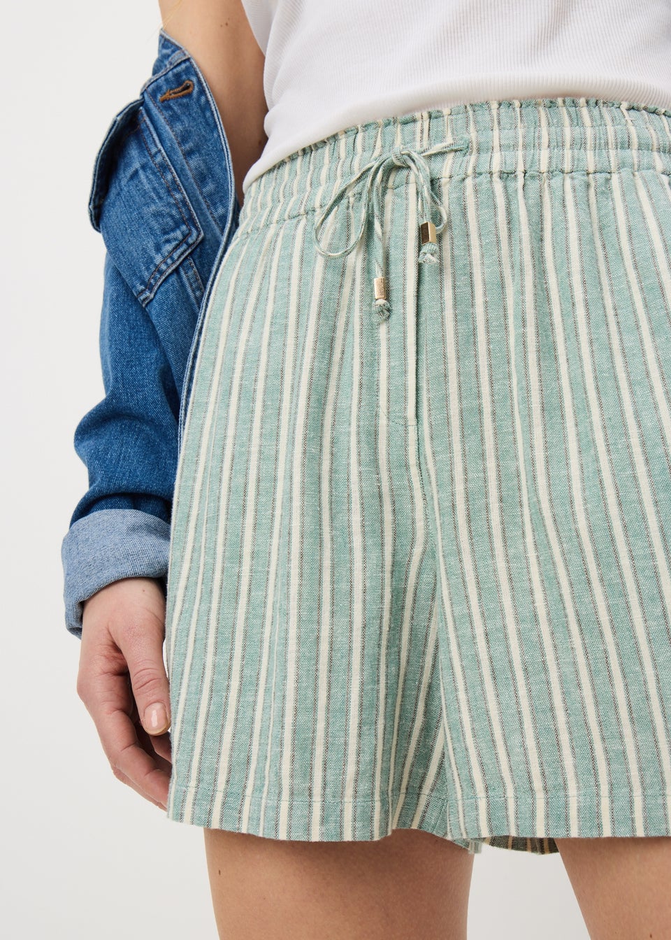 Green Stripe Linen Blend Shorts