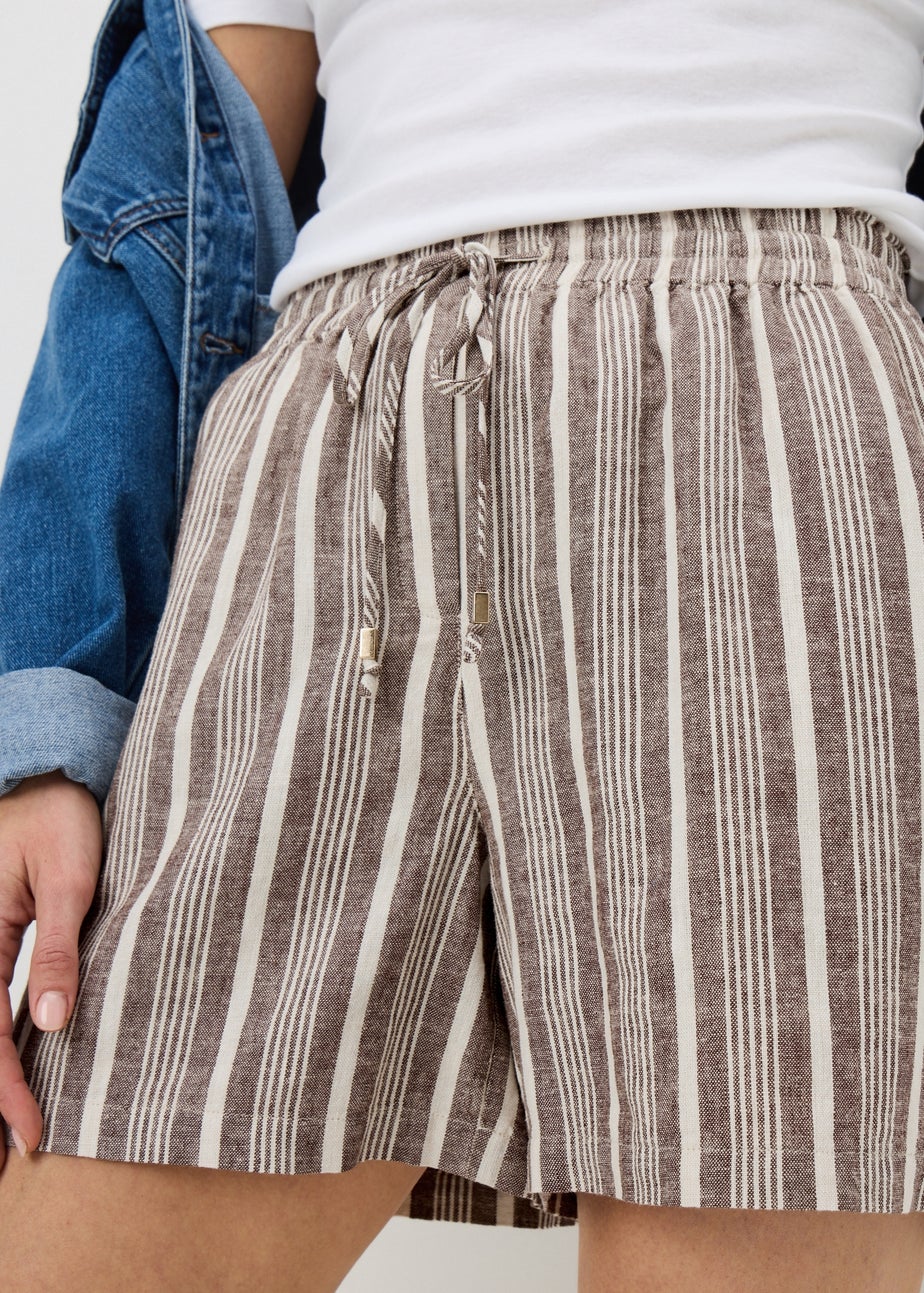 Brown Stripe Linen Blend Shorts