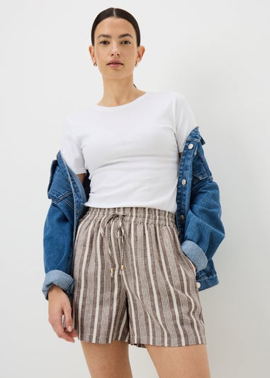 Brown Stripe Linen Blend Shorts