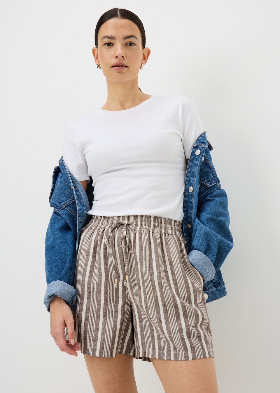 Brown Stripe Linen Blend Shorts