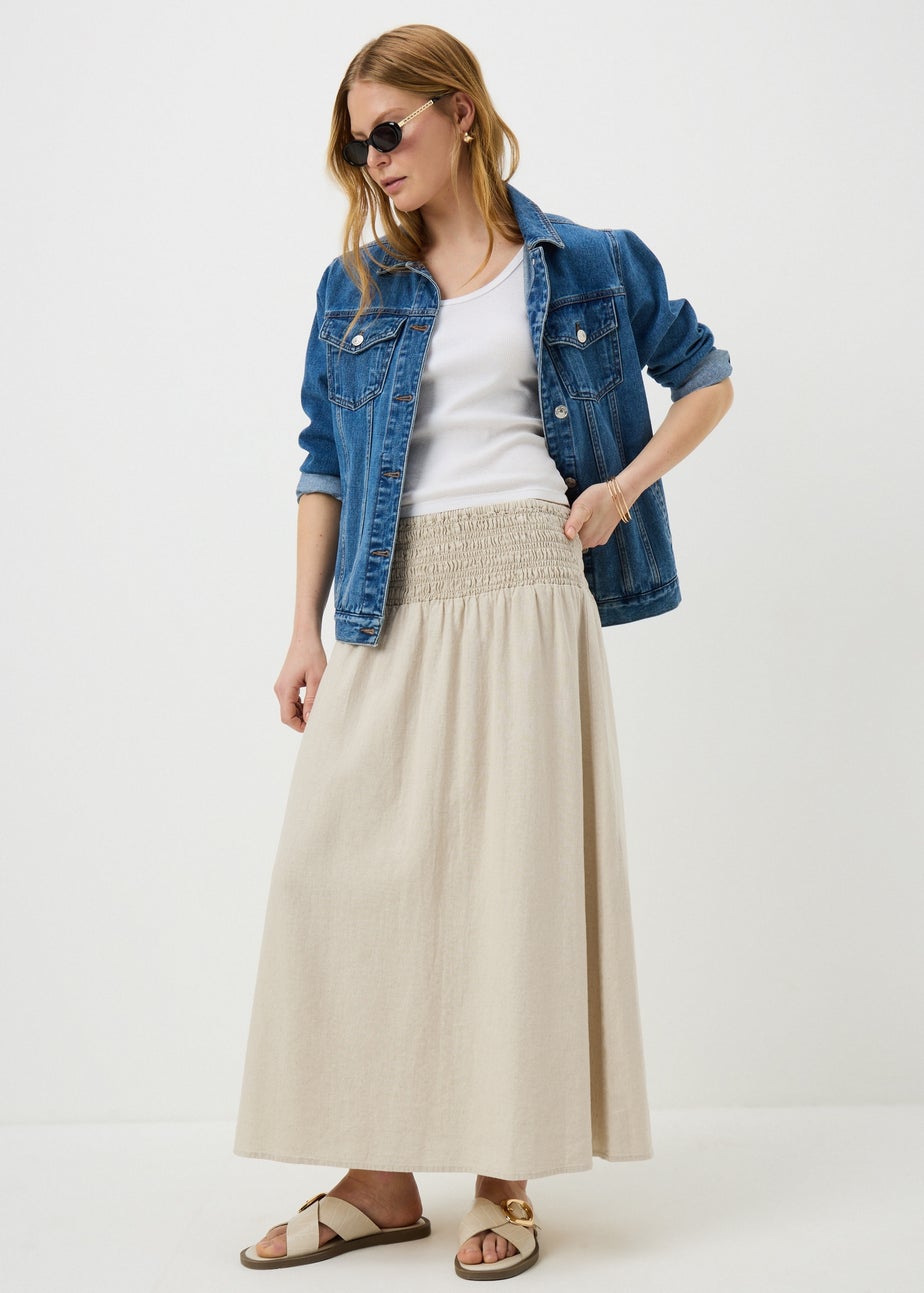 Stone Linen Rich Shirred Waist Midaxi Skirt