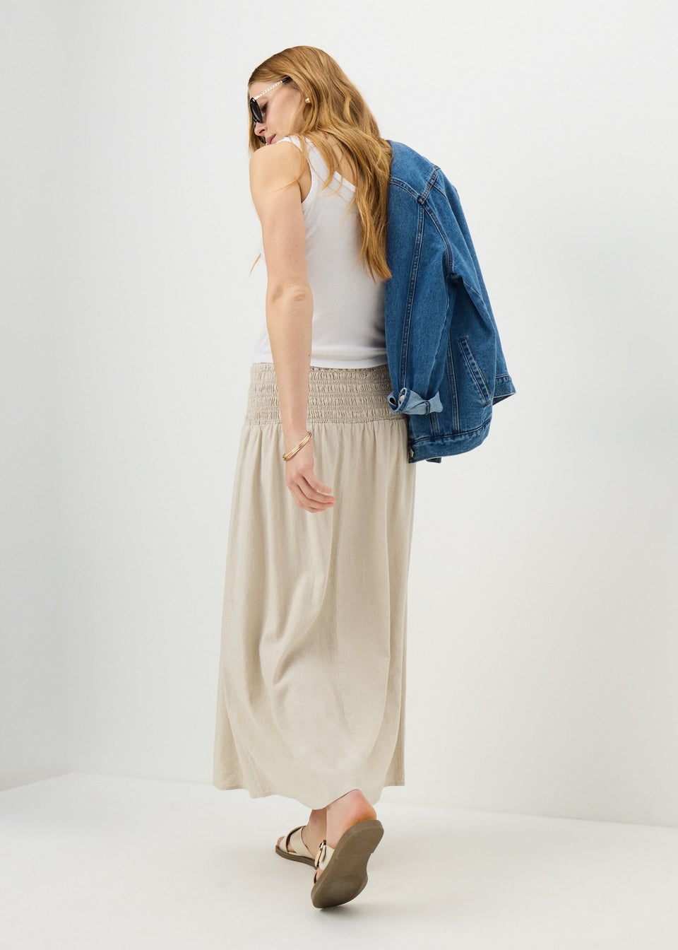 Stone Linen Rich Shirred Waist Midaxi Skirt