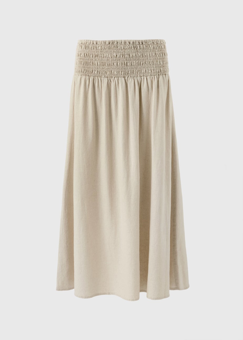 Stone Linen Rich Shirred Waist Midaxi Skirt