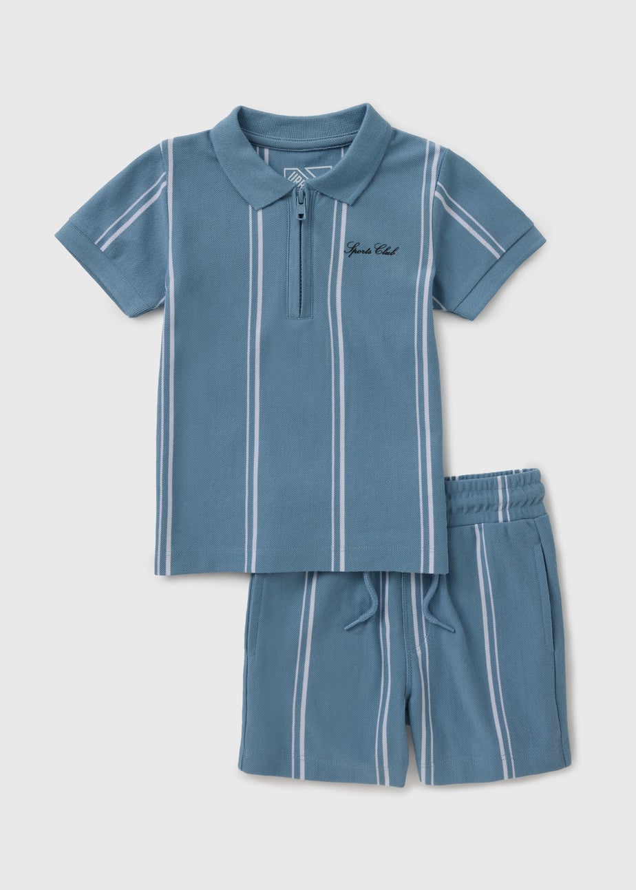 Boys Blue Pique Stripe Polo Shirt & Short Set (1-7yrs)