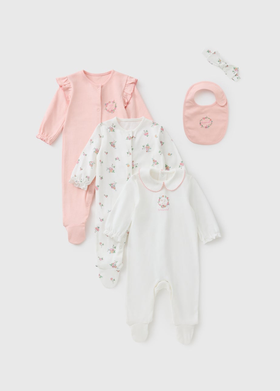 3 Pack Baby Pink Floral Frill Sleepsuit Set (Newborn-12mths)