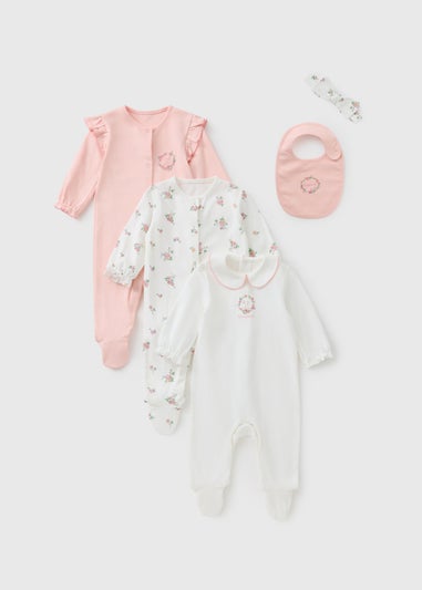 3 Pack Baby Pink Floral Frill Sleepsuit Set (Newborn-12mths)