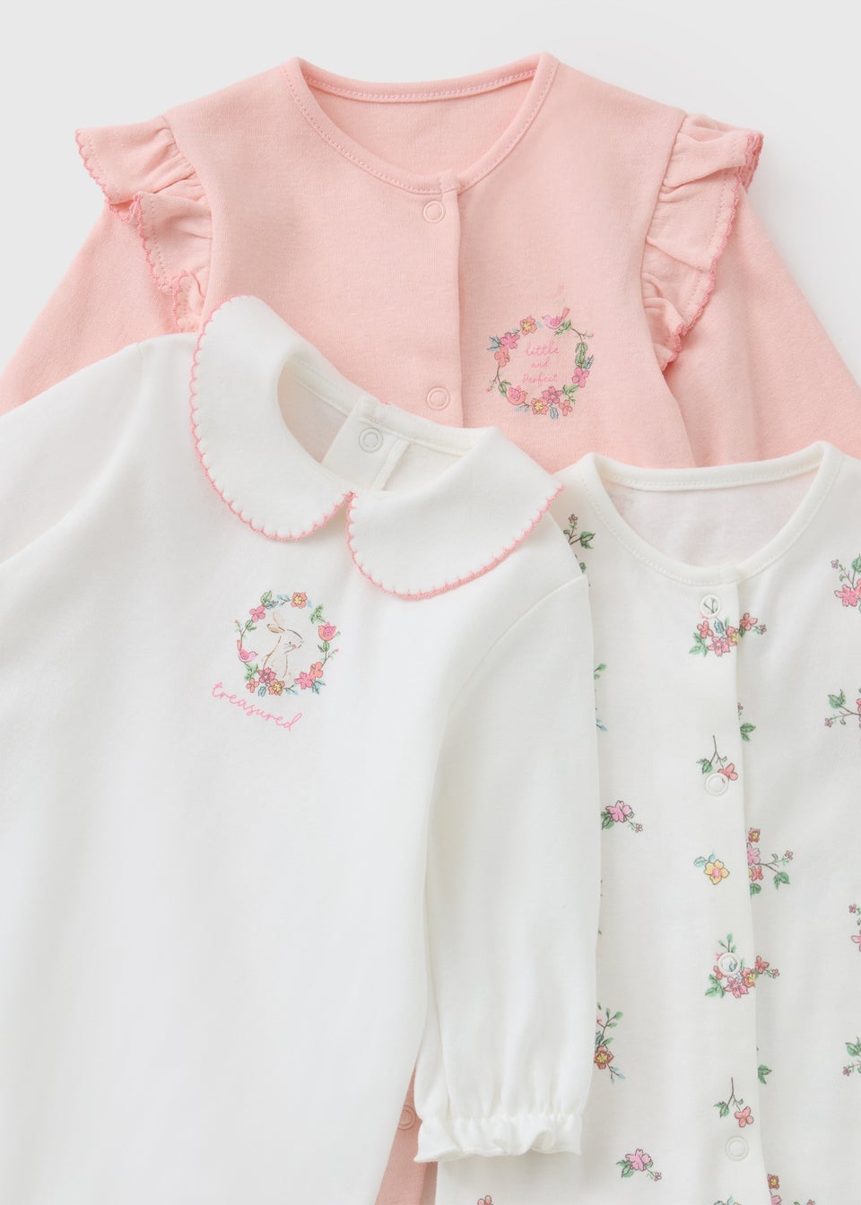 3 Pack Baby Pink Floral Frill Sleepsuit Set (Newborn-12mths)