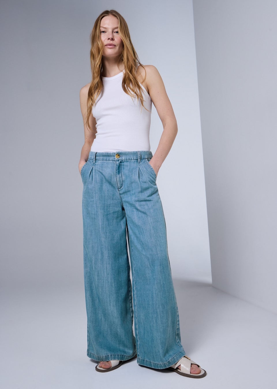 Mid Wash Lyocell Wide Leg Trousers