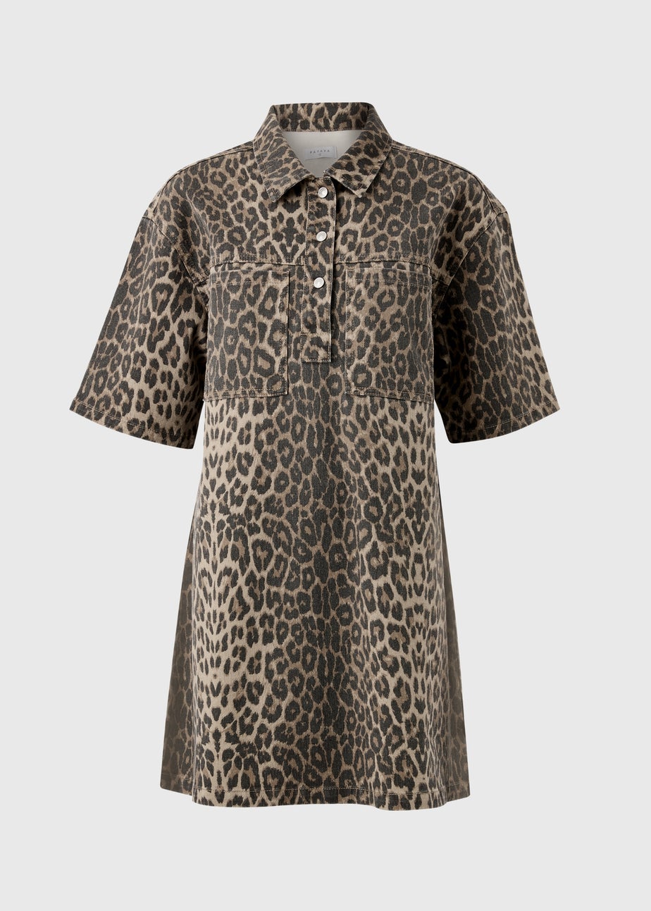 Brown Leopard Print Denim Mini Shirt Dress