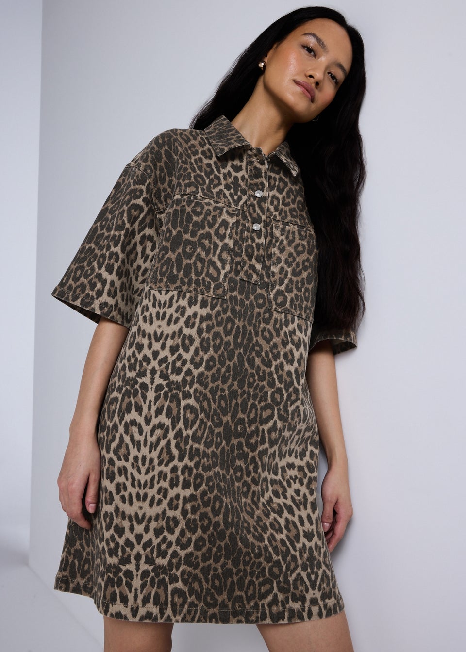 Brown Leopard Print Denim Mini Shirt Dress