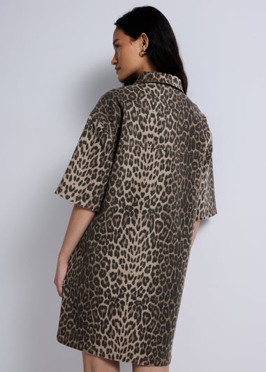 Brown Leopard Print Denim Mini Shirt Dress