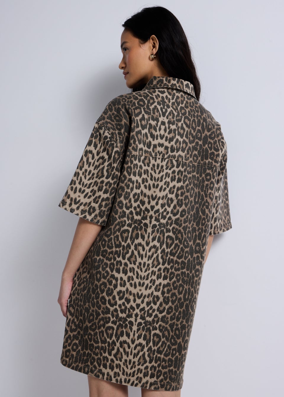 Brown Leopard Print Denim Mini Shirt Dress