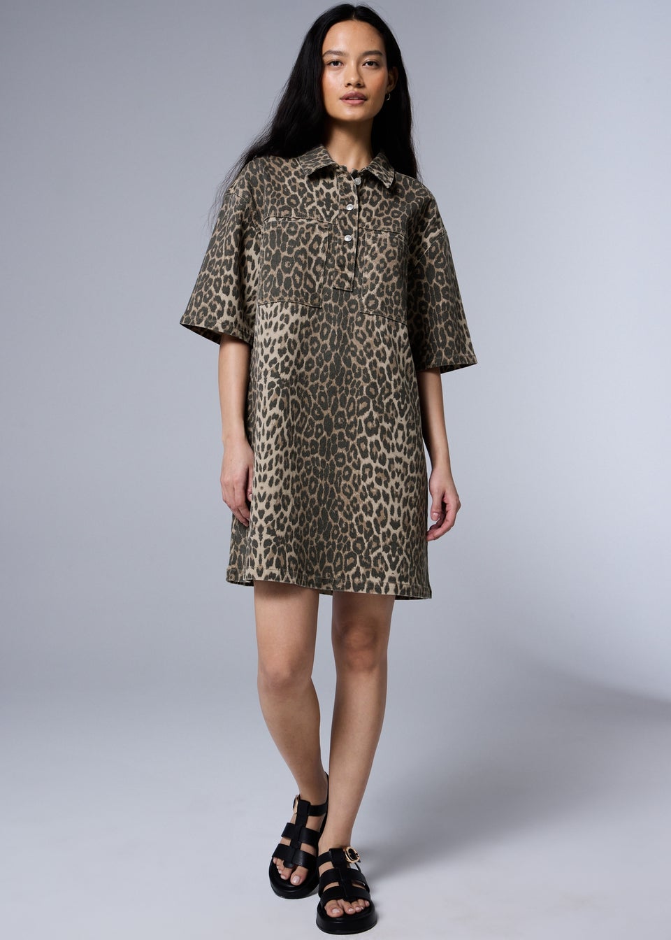 Brown Leopard Print Denim Mini Shirt Dress