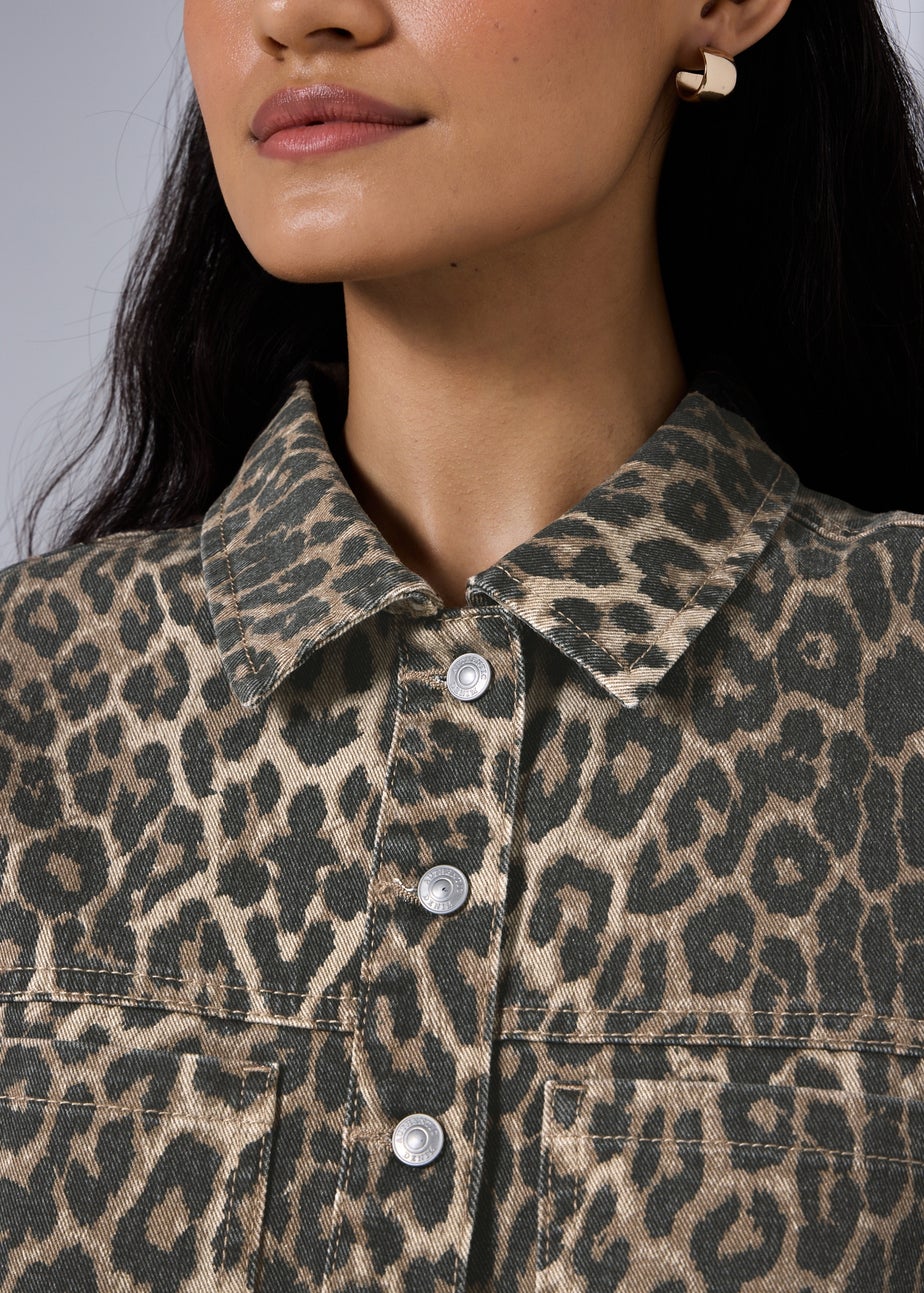 Brown Leopard Print Denim Mini Shirt Dress
