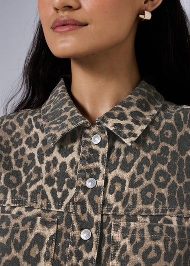 Brown Leopard Print Denim Mini Shirt Dress