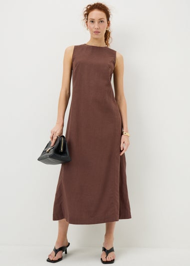 Brown Linen Rich Shift Midi Dress
