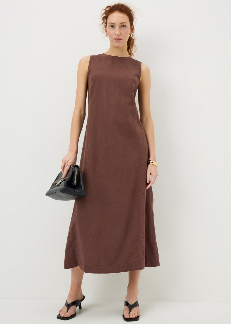 Brown Linen Rich Shift Midi Dress