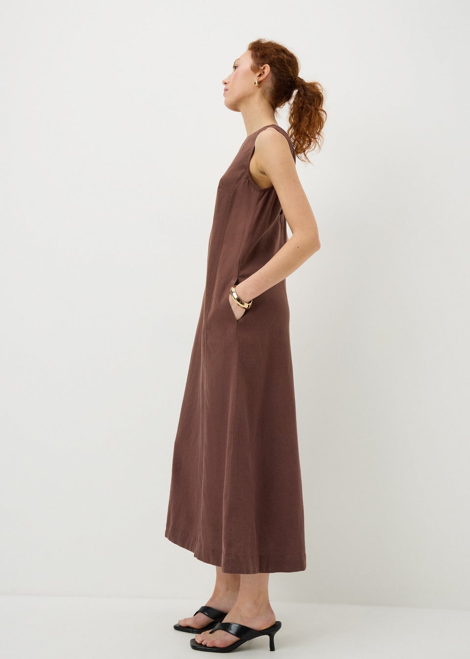 Brown Linen Rich Shift Midi Dress