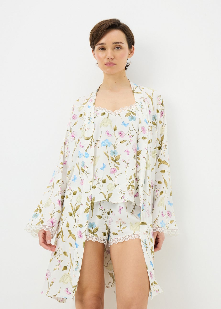 Cream Floral Viscose Dressing Gown