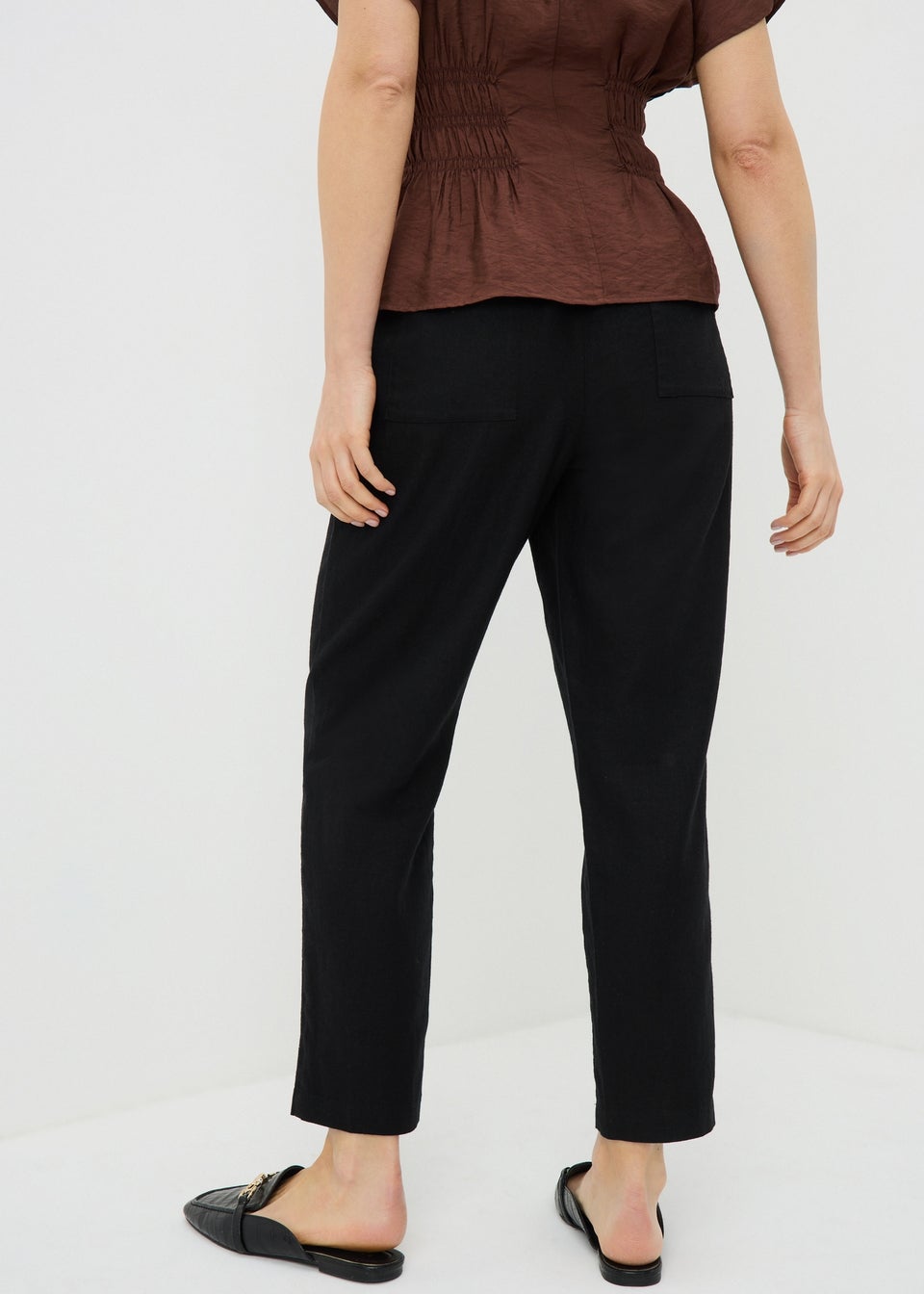 Black Linen Blend Tapered Trousers