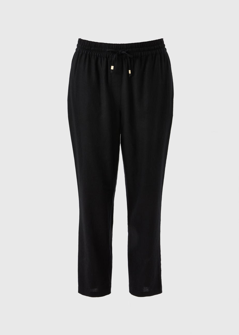 Black Linen Blend Tapered Trousers