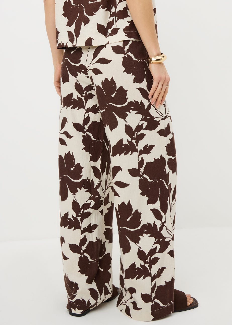 Chocolate Brown Leaf Linen Wide Leg Co Ord Trousers