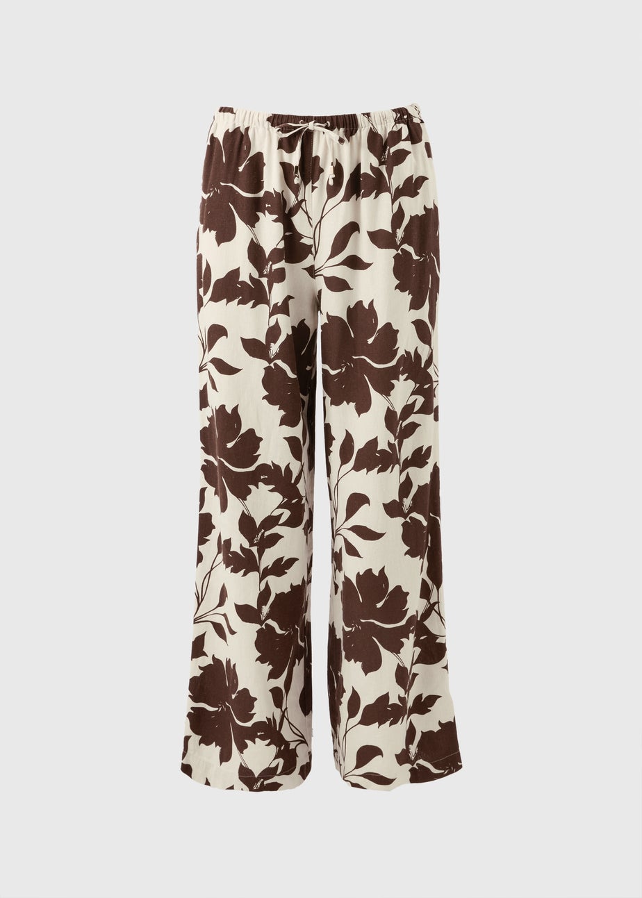 Chocolate Brown Leaf Linen Wide Leg Co Ord Trousers