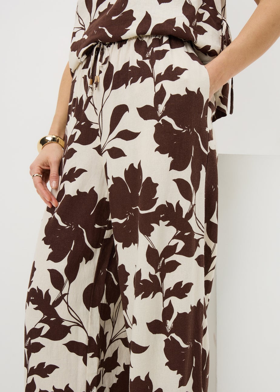 Chocolate Brown Leaf Linen Wide Leg Co Ord Trousers