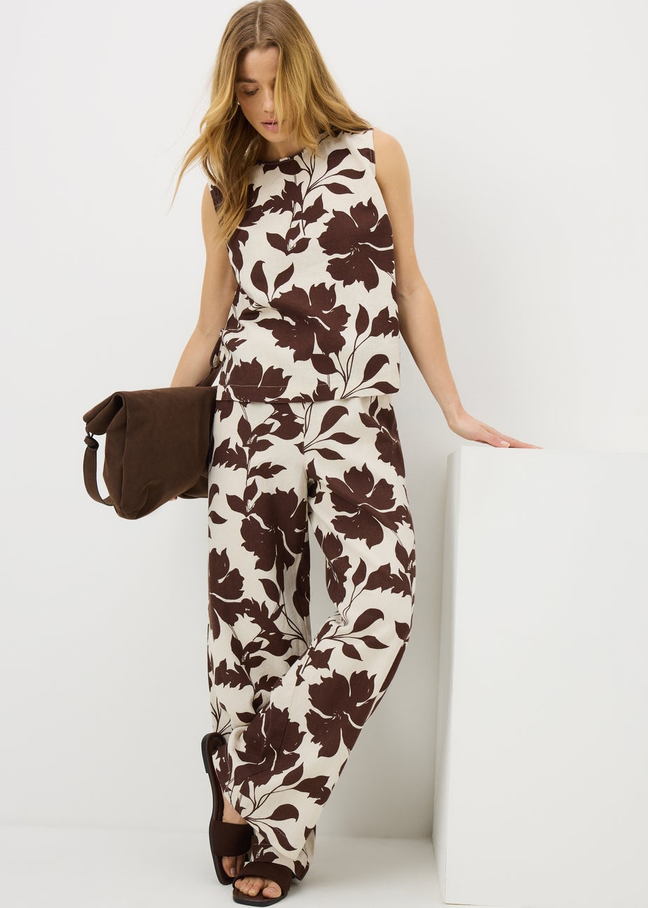Chocolate Brown Leaf Linen Wide Leg Co Ord Trousers