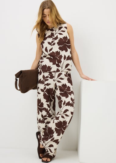 Chocolate Brown Leaf Linen Wide Leg Co Ord Trousers