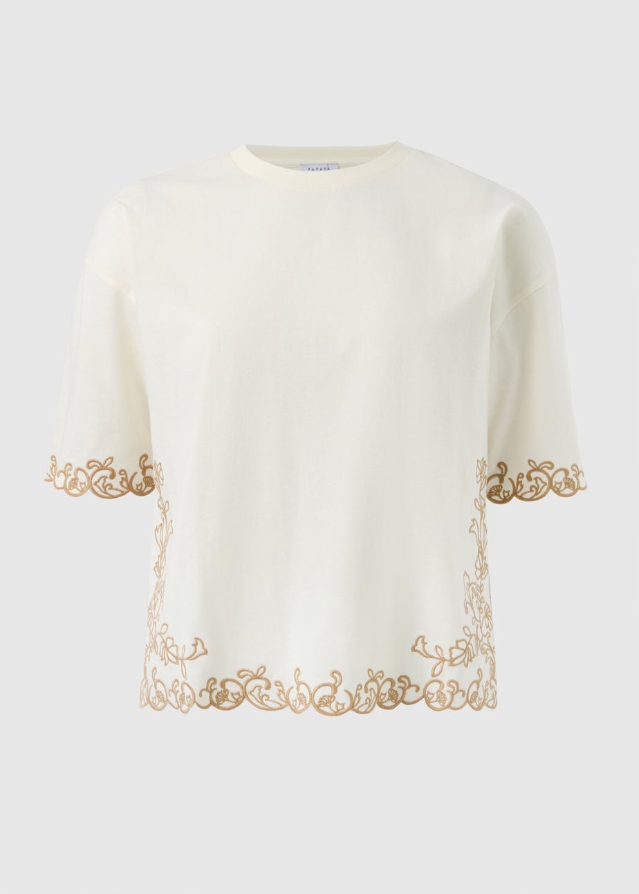 Cream Embroidered Boxy T-Shirt