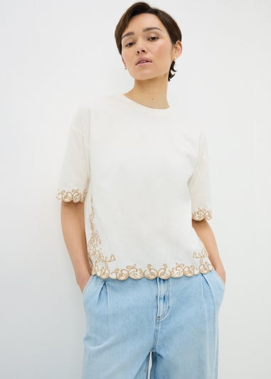 Cream Embroidered Boxy T-Shirt