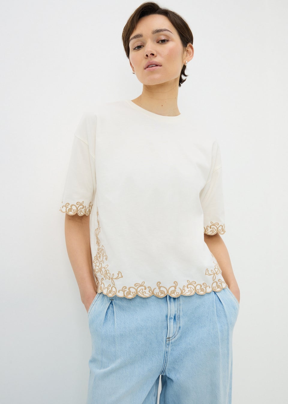 Cream Embroidered Boxy T-Shirt