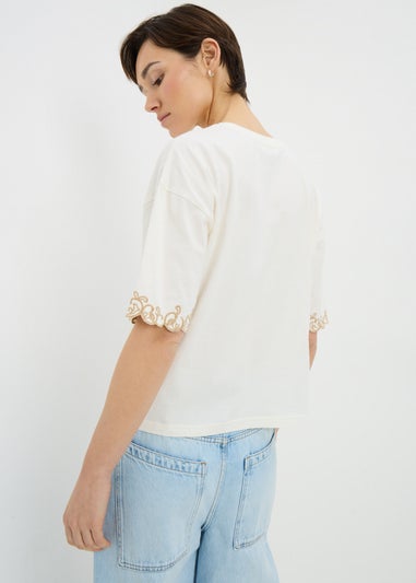 Cream Embroidered Boxy T-Shirt