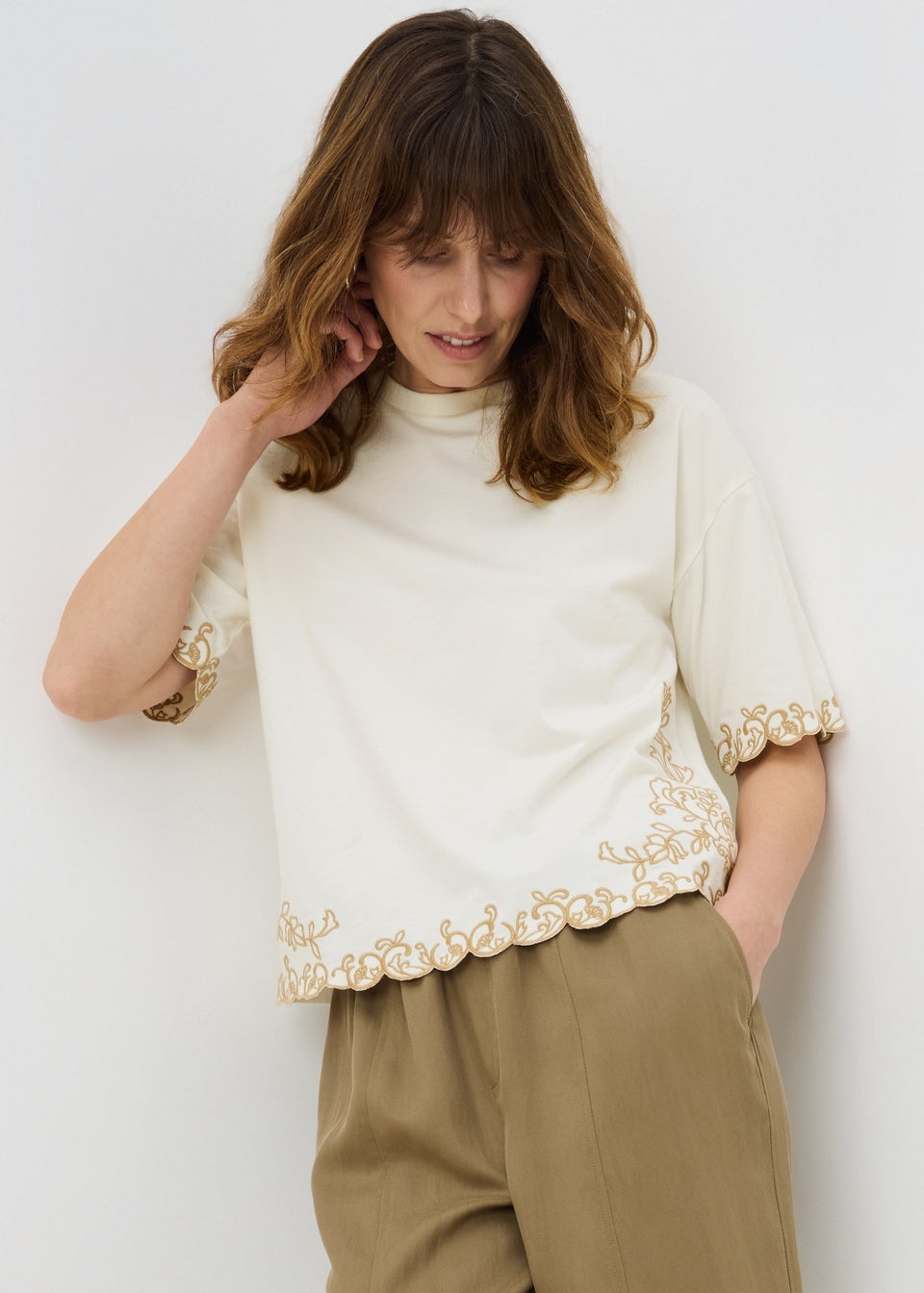 Cream Embroidered Boxy T-Shirt