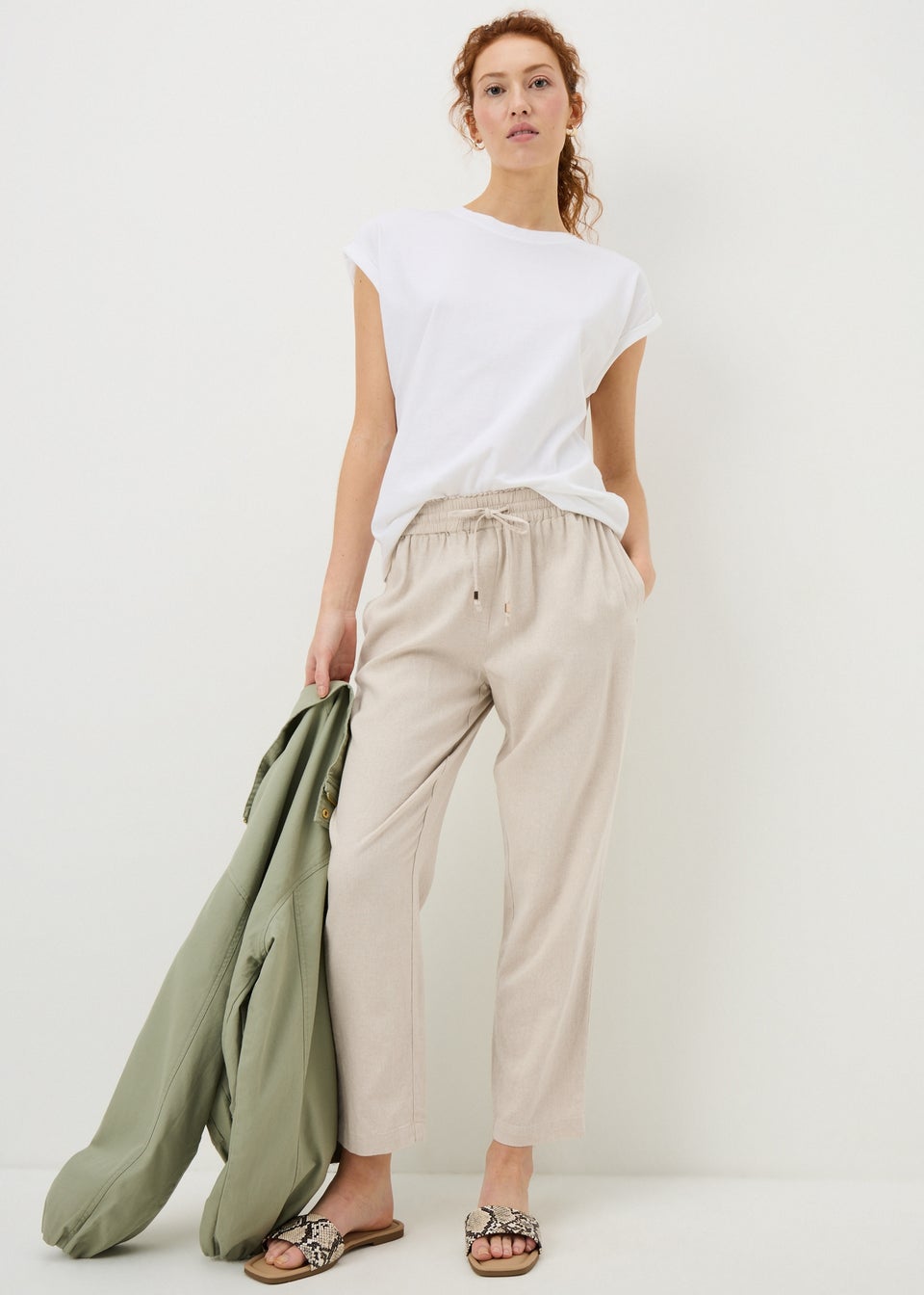 Oatmeal Linen Blend Tapered Trousers