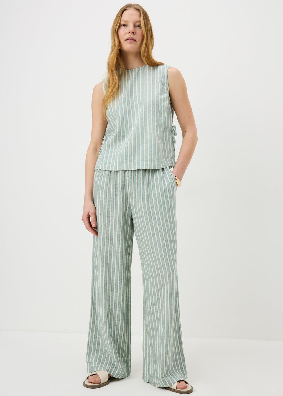 Green Stripe Linen Wide Leg Co Ord Trousers