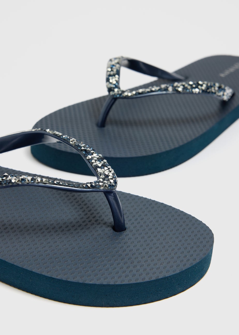 Navy Diamante Flip Flops