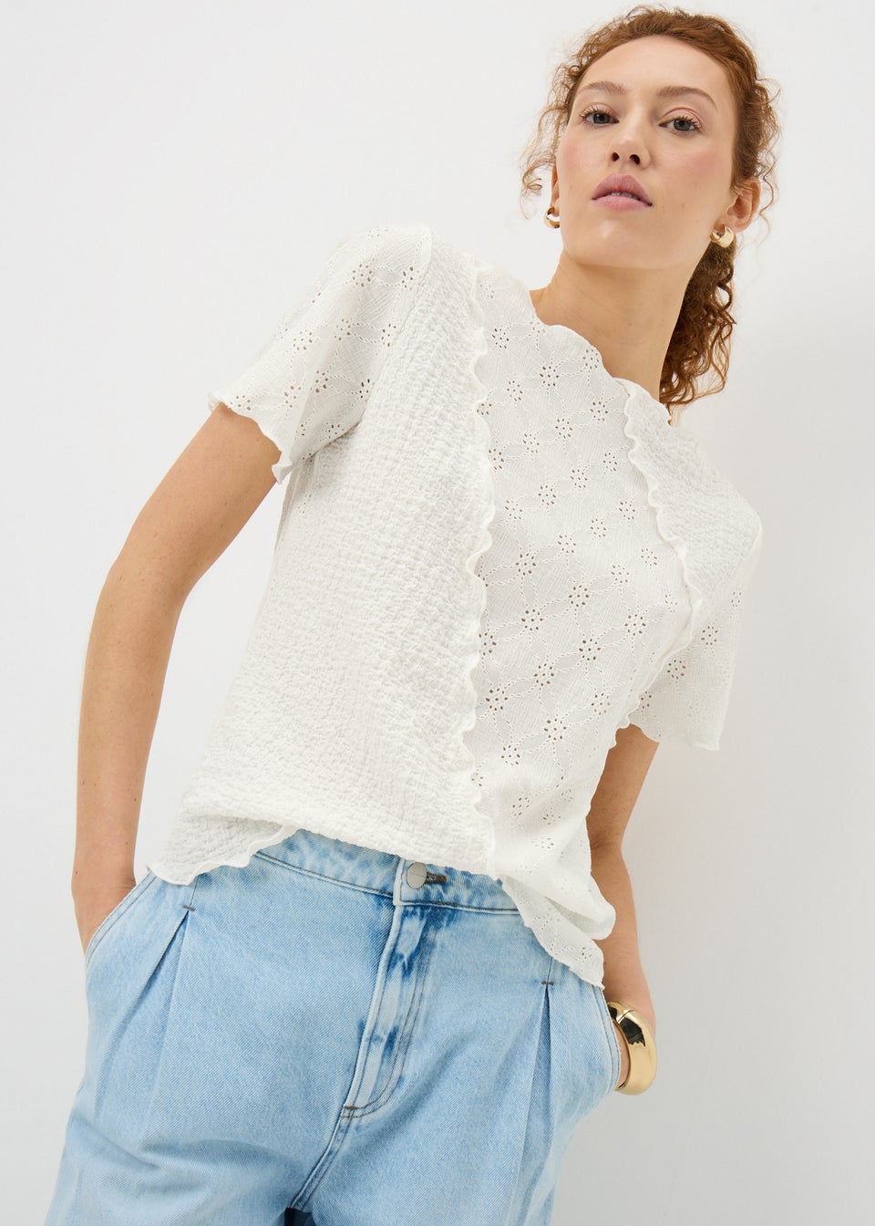Cream Mixed Texture T-Shirt