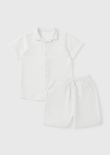 Boys Cream Textured Jacquard Shirt & Short Set (7-15yrs)