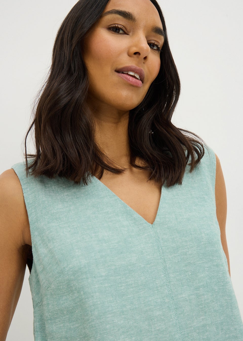 Teal V Neck Linen Rich Mini Dress