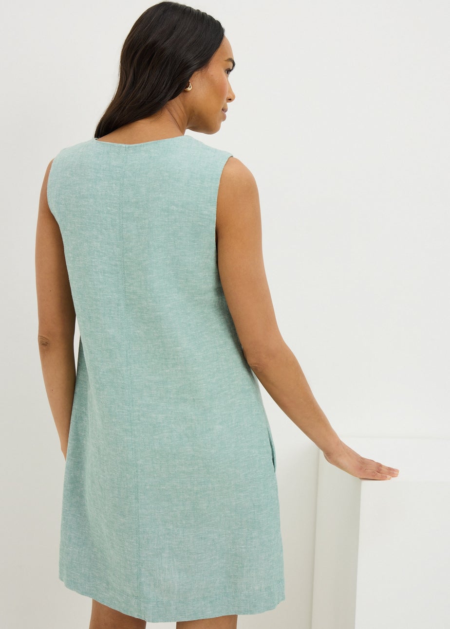 Teal V Neck Linen Rich Mini Dress