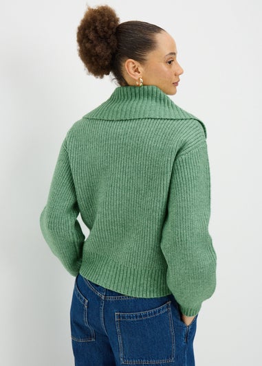 Green Zip Front Ribbed Cardigan