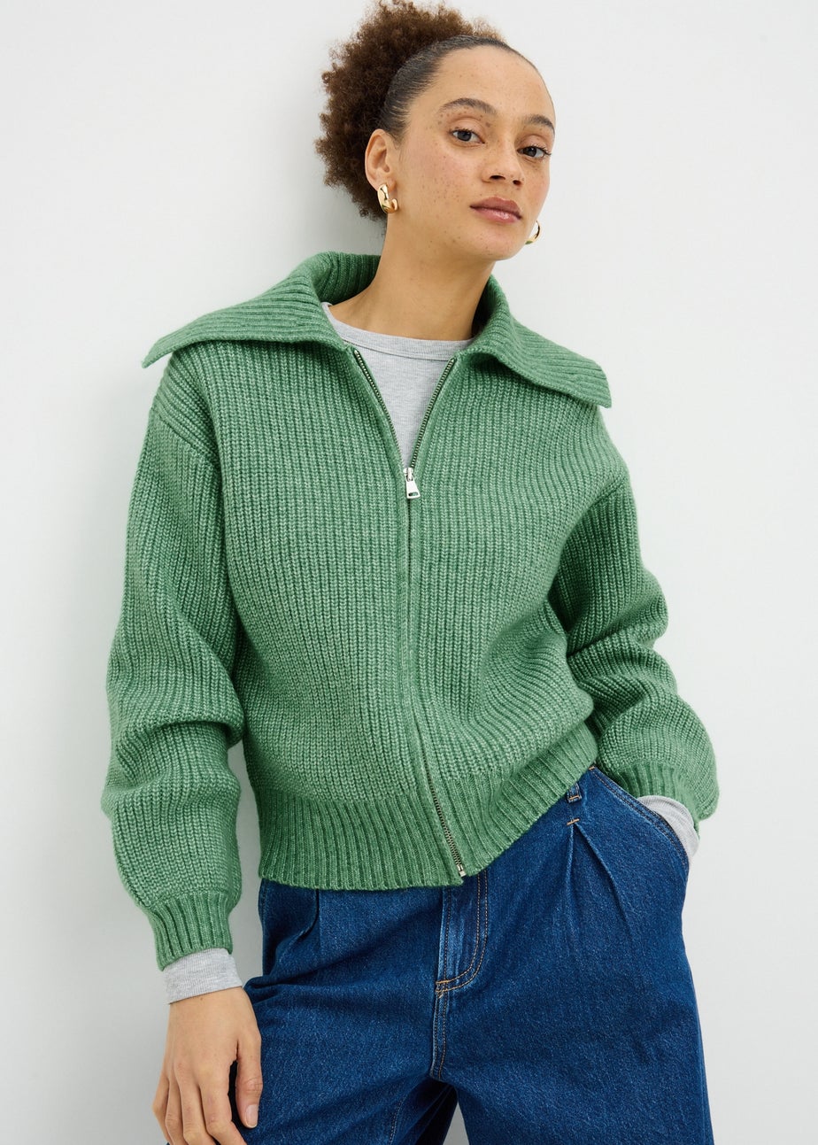 Green Zip Front Ribbed Cardigan