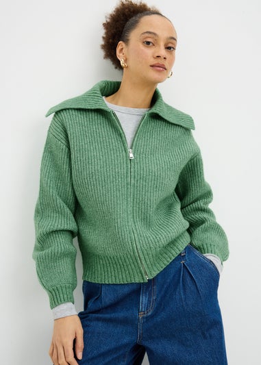 Green Zip Front Ribbed Cardigan